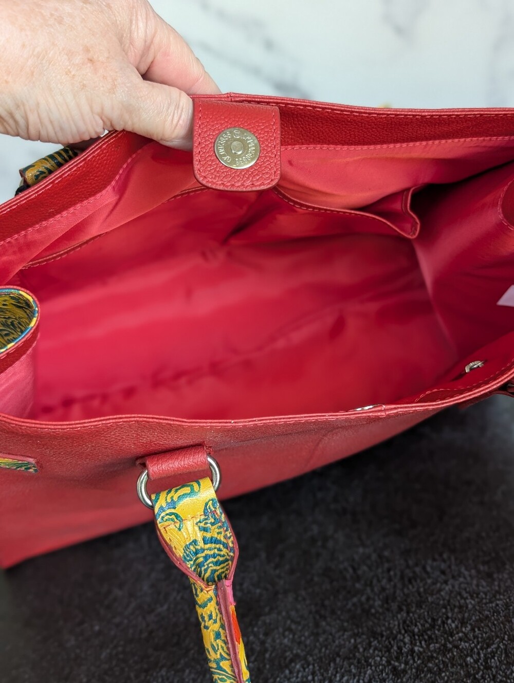 Sukriti Hand Painted, Embossed Leather Tote Bag with Floral Accents - Picture 5 of 10